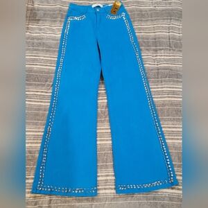 Blue Straight Leg Pants with Silver Accents